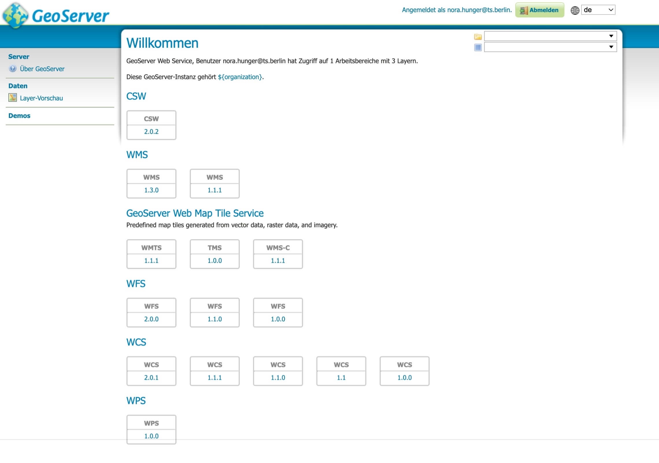 Startansicht von GeoServer