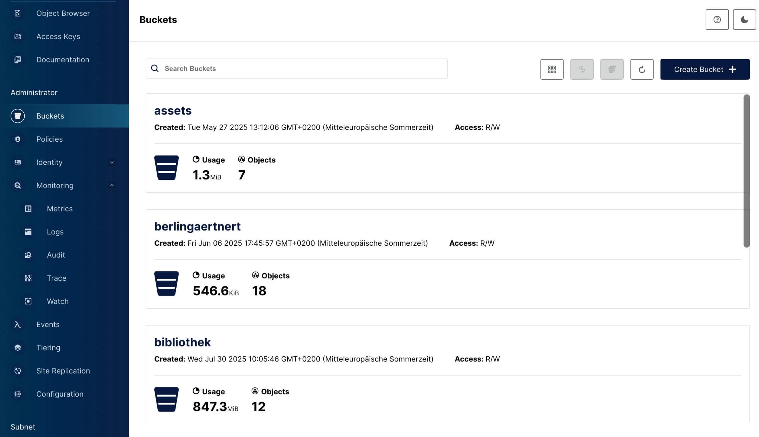 Projektübersicht in MinIO
