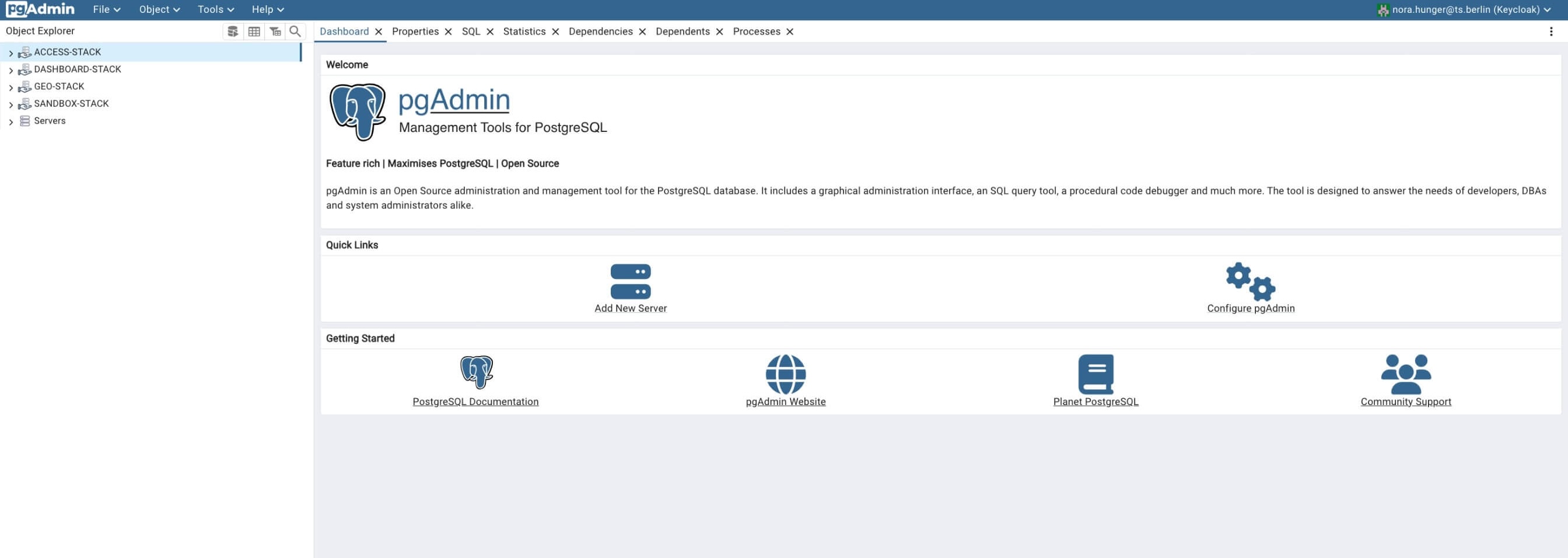 Startansicht von pgAdmin